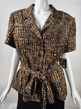 Sag Harbor Womens Animal Print Button-Up Blouse With Sash Belt Size 16 Tan & Bla
